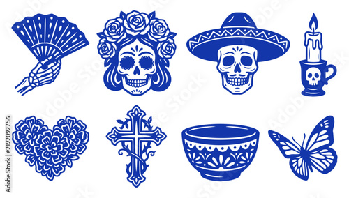 Dia de los Muertos icons collection with sugar skulls, flowers, and traditional Mexican symbols