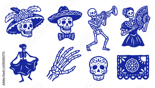 Dia de los Muertos skeleton icons and sugar skull illustrations for Mexican holiday festival