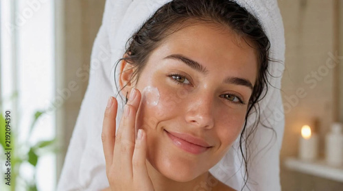 Close-up portrait of smiling young woman with damp hair wrapped in white towel gently applying moisturizer to her glowing skin in serene bathroom setting with soft natural light and candles
