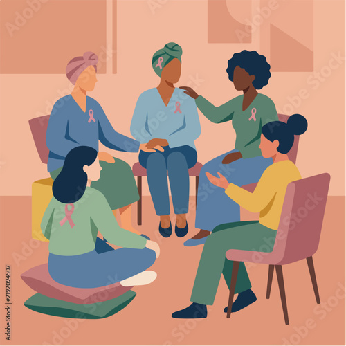 Diverse women in a breast cancer support group. Pink ribbon awareness and therapy concept. Flat design vector illustration