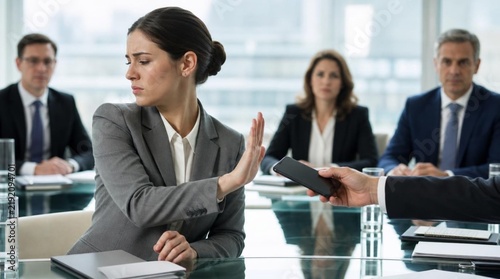 Female business professional in gray suit refusing smartphone during boardroom meeting, showing rejection gesture while colleagues observe across glass conference table in modern office