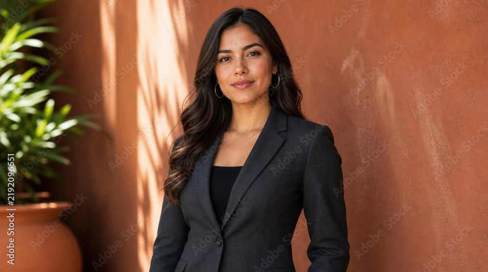 Fototapeta premium Confident young Latina businesswoman in tailored charcoal blazer posing against warm terracotta wall with lush green plant, sunlit professional portrait exuding elegance and determination