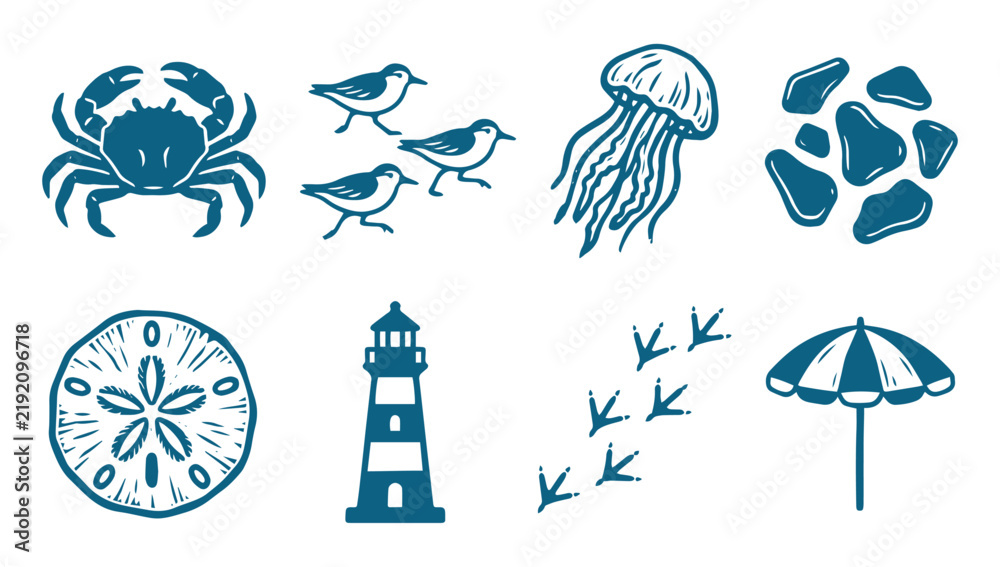 Obraz premium Coastal elements icon set featuring crab, lighthouse, jellyfish, beach umbrella and sand dollar