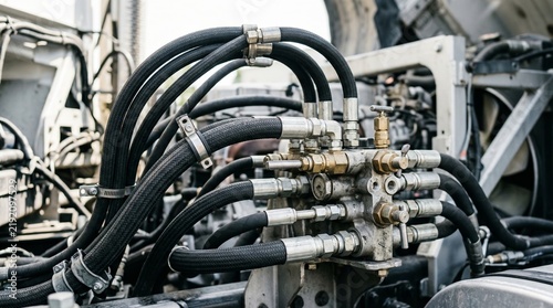 Hydraulic hoses and metal valves on heavy truck machinery. Close up of pneumatic pipes and fittings on industrial equipment. Engineering technology and machine maintenance concept.