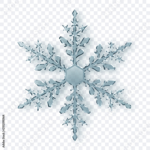 A complex translucent snowflake with crystalline facets in shades of gray with soft shadow on a transparent background. Transparency only in vector format.