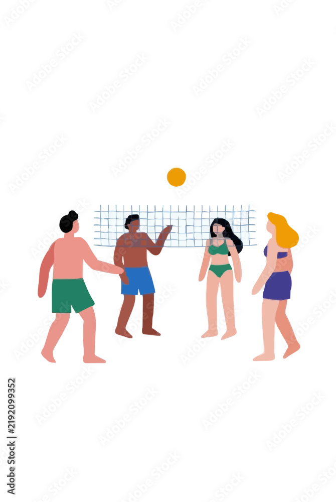 Fototapeta premium Four diverse young friends in swimwear playing beach volleyball with raised blue net and yellow ball in sunny summer recreational athletic vector illustration on stark white backdrop