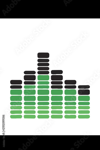 A digital audio equalizer display showing six upright sound frequency columns of vibrant green and black segmented level indicator bars, modern music visualization vector illustration