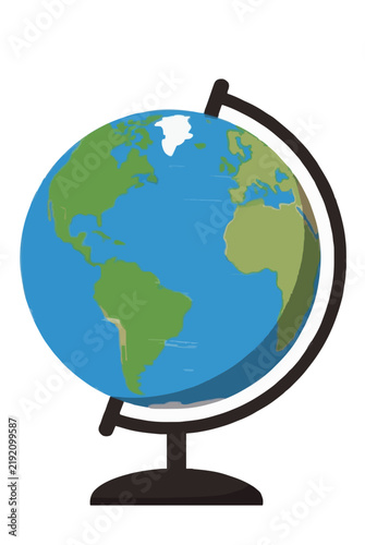 A round terrestrial planet Earth globe showing blue oceans and green continents mounted on an angled dark brown tilted desktop stand, educational geography study vector illustration