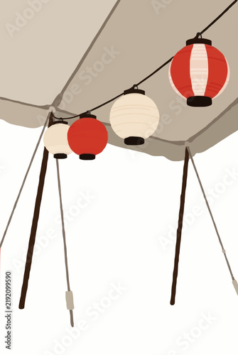 Four red and white round paper lanterns hanging on an overhead cord beneath a tan canopy event tent roof during festive celebration, traditional Japanese festival vector illustration