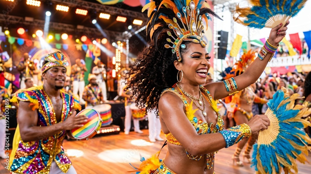 Fototapeta premium Woman dancing in feathered carnival costume with fan at street festival. Dancer in beaded headdress smiles while man plays drum behind her.