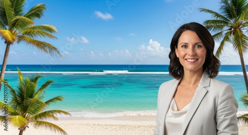 Professional travel curator smiling proudly in front of a tropical ocean view, representing bespoke luxury hospitality excellence portrait, specialist, paradise, curator