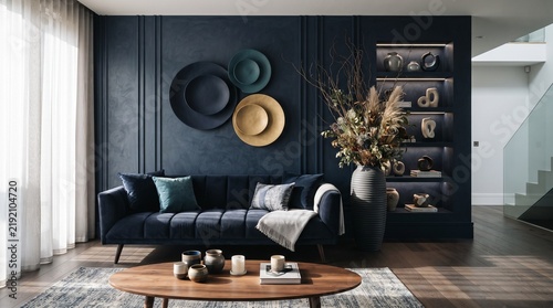 Modern luxury living room with dark navy blue accent wall, elegant velvet sofa in contemporary interior design, stylish home lounge with decorative wall art
