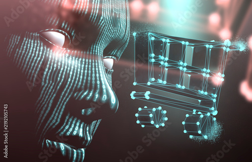  Tecnología de carrito de compras de comercio electrónico con inteligencia artificial. Representación 3D. Perfil de encabezado digital con un carrito de compras brillante.
