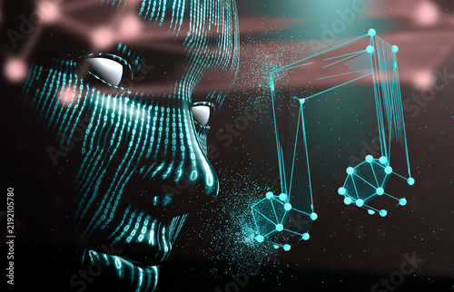 Cara de inteligencia artificial con nota musical digital. Representación 3D.Perfil humano digital que interactúa con una nota musical brillante; transmite tecnología, innovación de audio y creatividad