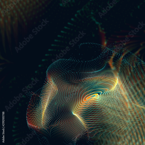  Los puntos de partículas brillantes siguen el trasfondo científico abstracto. Representación 3D. Flujo dinámico de partículas de luz digitales; transmite flujos de datos, computación cuántica y alta 