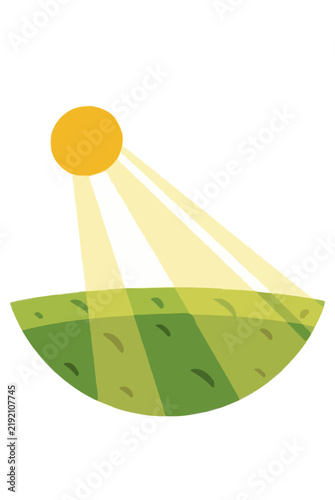 Flat vector illustration of warm golden sunlight rays sweeping across a semicircular green grassy meadow beneath a radiant yellow shining sun isolated against a clean white backdrop
