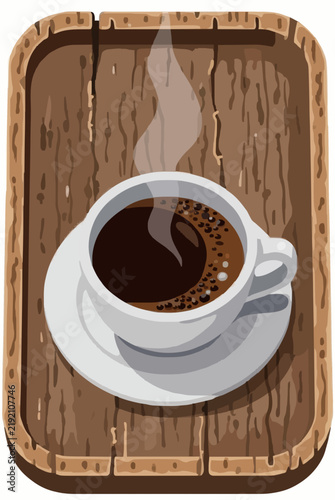 Vector illustration of an overhead view of a hot coffee mug on a white saucer with delicate swirling steam plumes placed upon a rustic brown wooden serving tray on a white background