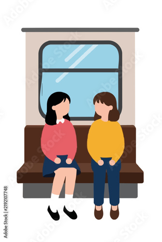 Vector illustration of two young sisters sitting together on a brown passenger bench beside a train carriage window looking forward during travel on a plain isolated white backdrop