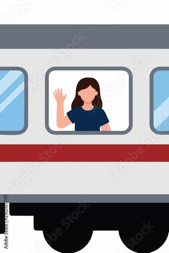 Vector illustration of a cheerful young woman in dark blue t shirt waving her hand warmly from a square passenger window of a silver train carriage against an isolated white backdrop