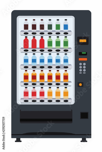 Vector illustration of a modern black beverage vending machine displaying multiple neat tiers of colourful juice and soda bottles behind a glass door against an isolated white backdrop
