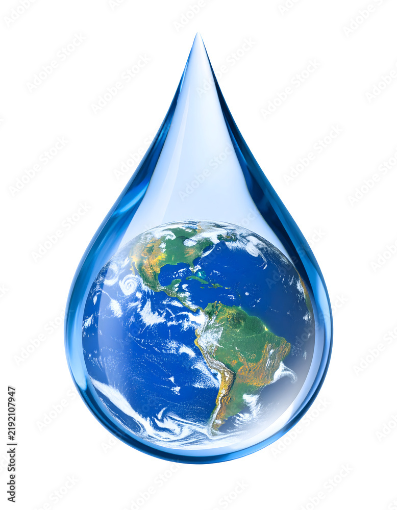 Obraz premium Water drop containing planet Earth globe showing continents of America as a clean ecological symbol for nature conservation and environmental protection&nbsp;