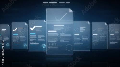 Digital document verification with approved check marks on glowing paperless file cards