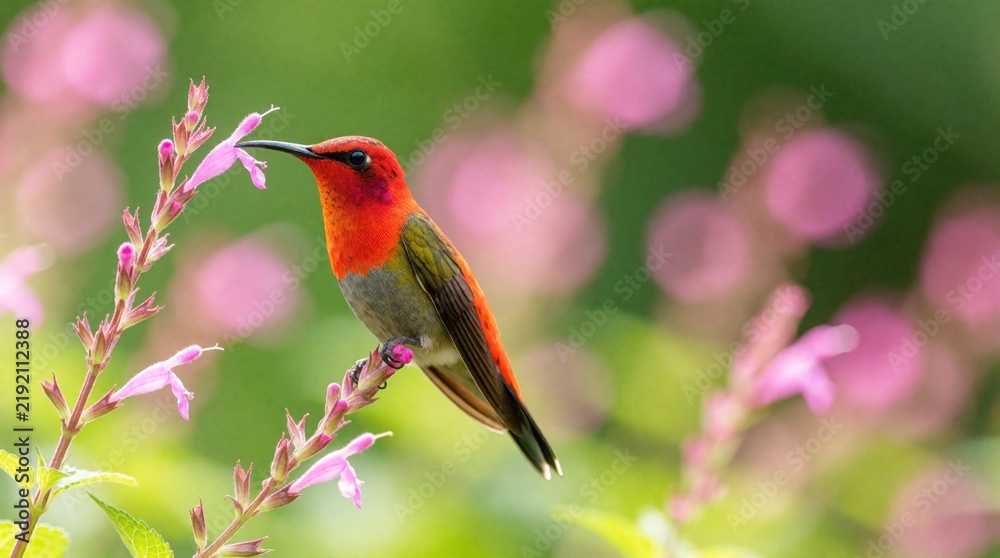 Obraz premium Small red hummingbird perches on thin pink flower stem. Bird drinks nectar from blossom with long beak. Green blurry background with pink bokeh highlights.