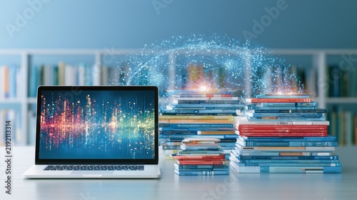 Laptop with Digital Network and Stacks of Books for E-Learning