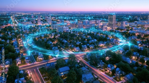 Smart City Aerial View with IoT Data Network Rings at Dusk
