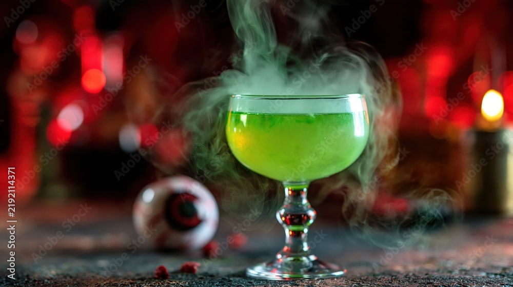 Obraz premium Spooky glowing green cocktail with dry ice smoke for halloween