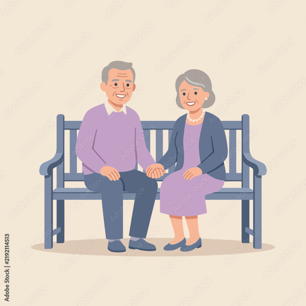 Obraz premium Elderly couple sitting on a bench holding hands and smiling.
