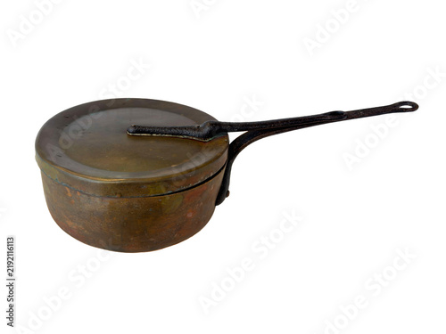 Картината върху платно Antique copper saucepan with lid on transparent background