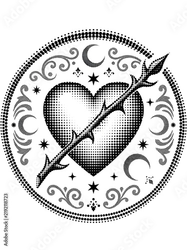 Halftone celestial heart seal tattoo design with moon stars and thorn branch in circle.