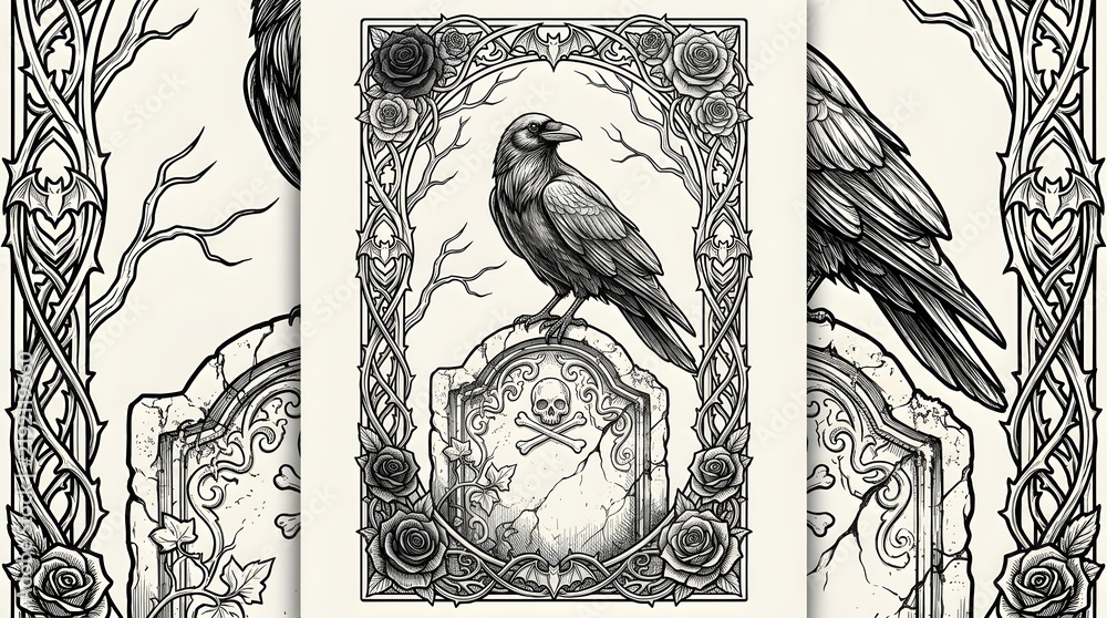 Fototapeta premium Raven perched on skull gravestone with gothic rose frame vintage line art tattoo design.