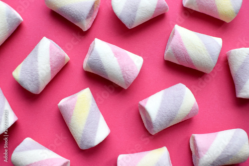 Multi-colored marshmallows. Background or texture of colorful blue and pink marshmallows.