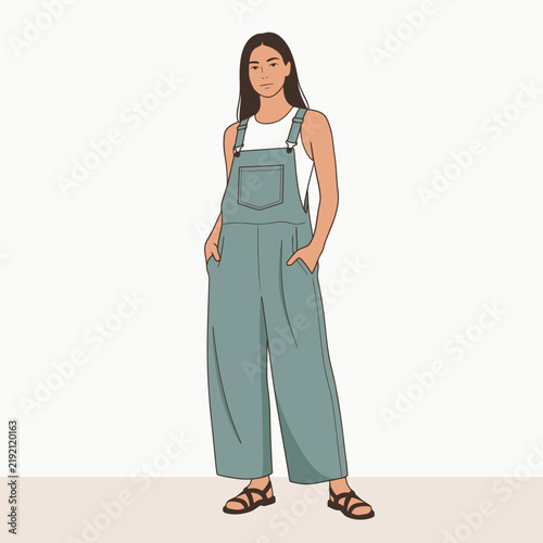 Woman Wearing Denim Overalls and Sandals, Casual Fashion Illustration