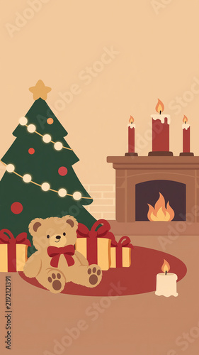 Tapety artystyczne クリスマスツリーと暖炉とプレゼントのある部屋のイラスト