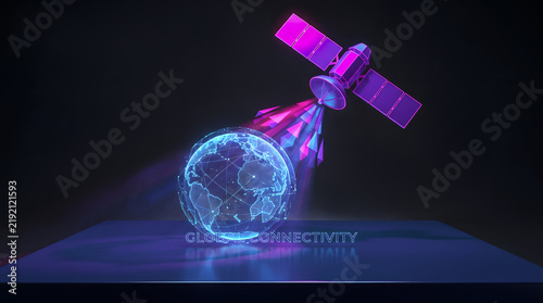 Satellite transmitting signals towards a glowing globe representing global connectivity and technology