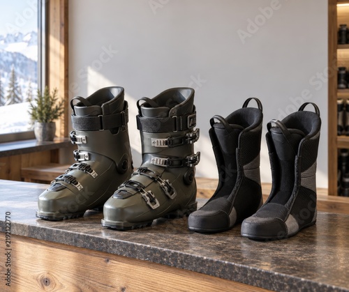 Empty alpine ski boot shells and removable liners stand in matching pairs on a collection counter after fitting and airing with lightly engaged buckles and clear space above the equipment
