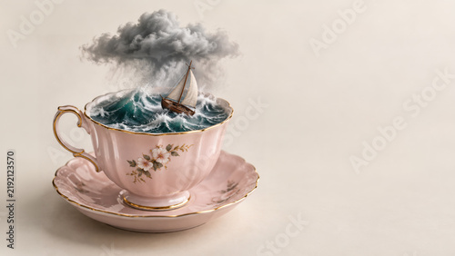 A miniature sailboat rides turbulent waves inside a pink floral teacup beneath a dark rain cloud, illustrating the metaphor of a tempest in a teacup