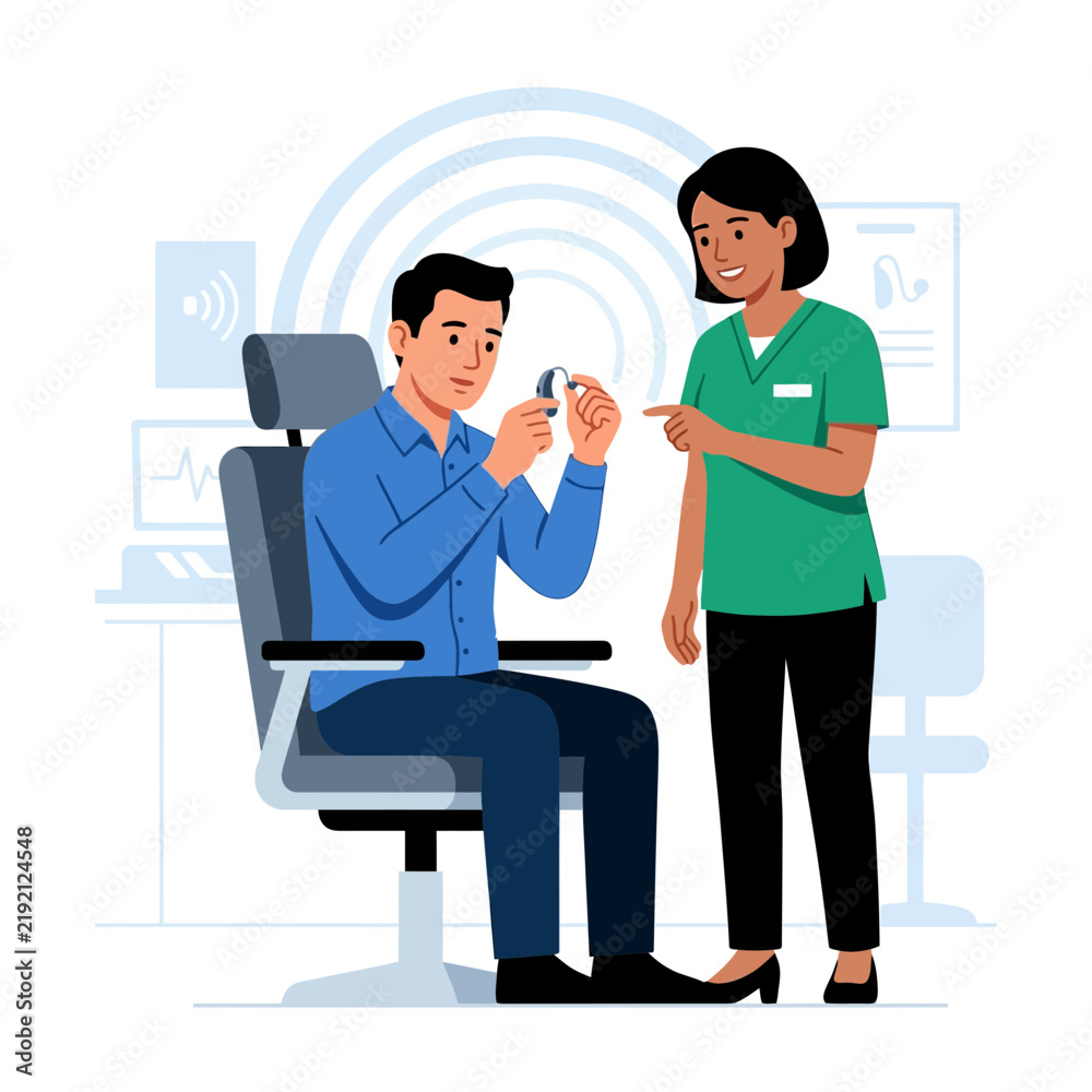 Obraz premium Audiologist fitting hearing aid to patient, medical consultation, audiology clinic scene, sound waves illustration