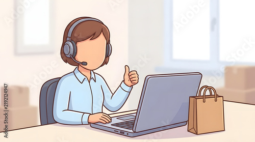 E-commerce support representative with headset giving thumbs up while working on a laptop