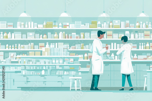 Flat style illustration of a pharmacy interior in soft mint green tones, with two figures in white coats beside shelves of bottles and boxes, and copy space above.