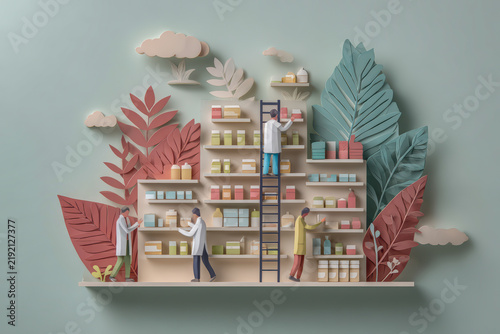 Layered paper cut illustration of a pharmacy, with figures in white coats arranging boxes and bottles on tall shelves, a ladder, and stylized leaves on a sage green background.