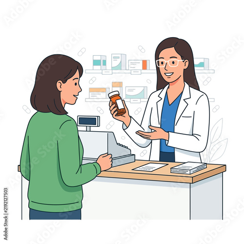 Pharmacist in white coat advising customer with medicine bottle at pharmacy counter with shelves and products in background
