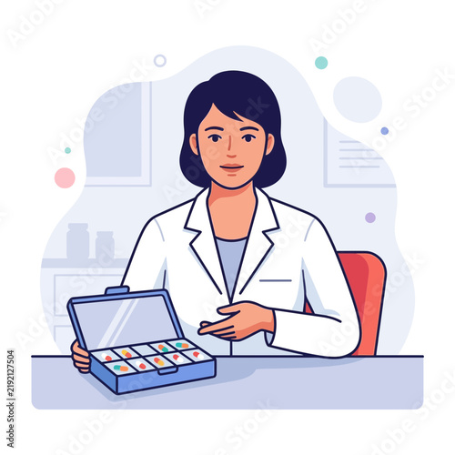 Pharmacist Woman in White Coat Holding Pill Organizer with Colorful Medications, Illustration