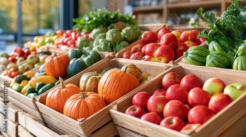 Fresh Organic Produce and Autumn Harvest in Wooden Crates at Market