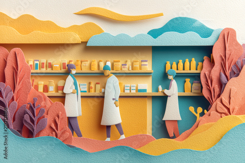 Textured paper craft illustration of a pharmacy in warm yellow, coral and teal, with three masked figures in white coats beside shelves of medicine boxes and bottles.