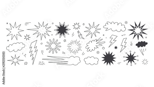A set of hand drawn comic book style explosion elements stars clouds and lightning bolts isolated on a plain white background