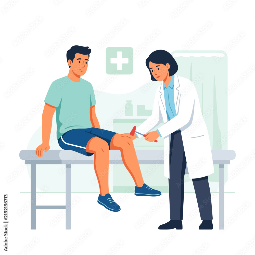 Obraz premium Doctor examining patient's knee reflex with a reflex hammer, medical check-up concept, modern flat illustration style